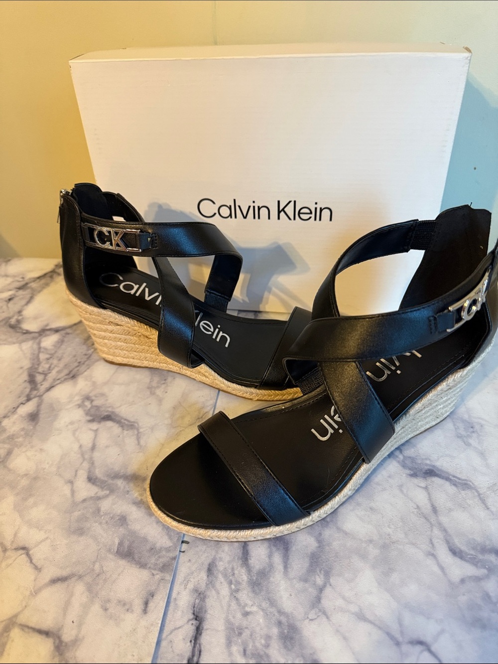 Calvin Klein Black Leather Espadrille Wedge Sandals with CK Accent